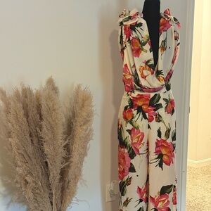 Pink and Green Floral Jumpsuit with Drape Neckline (3D)